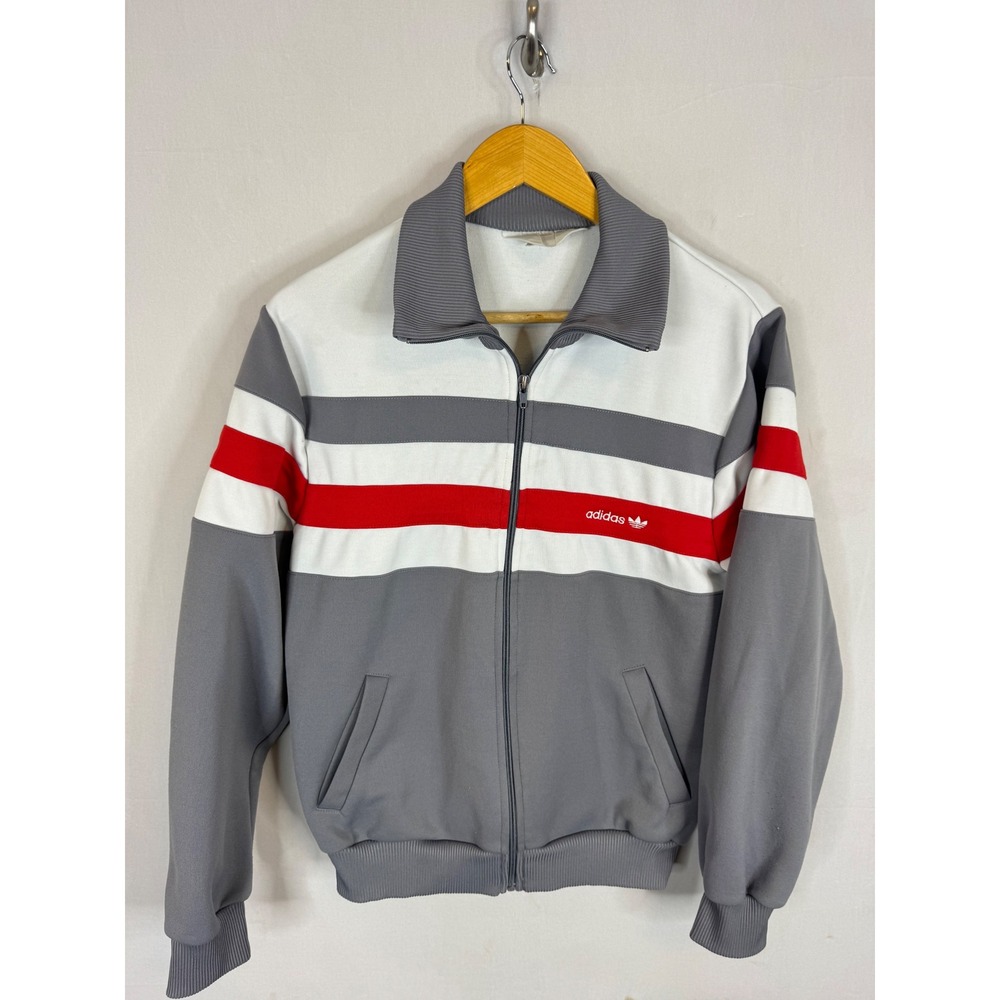 Vintage 90s Adidas Track Jacket Grey White Red Trefoil Full Zip Mens S Run DMC